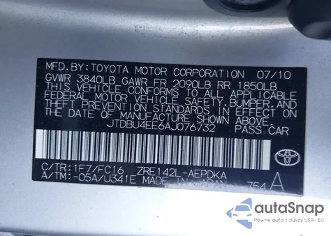 2010 Toyota Corolla Le from USA, damaged, VIN JTDBU4EE6AJ076732